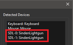 Detected Devices section of the Global Settings window. The listed results are "Keyboard: Keyboard", "Mouse:Mouse", "SDL-0: SindenLightgun" and "SDL-1: SindenLightgun"