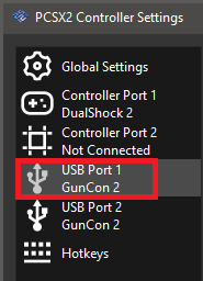 Global Settings menu options, USB Port 1 is highlighted in red