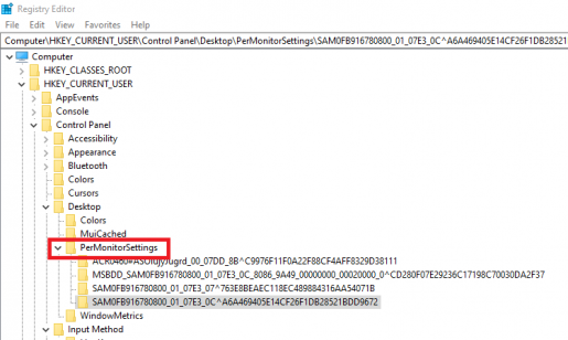 Screenshot of Registry Editor expanded to show HKEY_CURRENT_USER\Control Panel\Desktop\PerMonitorSettings\ with PerMonitorSettings highlighted in red