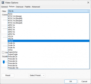 Mesen Video window with Picture tab, filter dropdown is expanded with available filter effect options