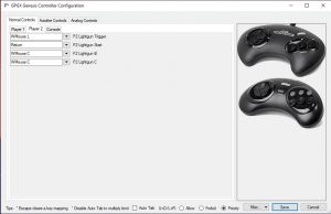 Bixhawk GPGX Genesis Controller Configuration window with Player 2 mappings