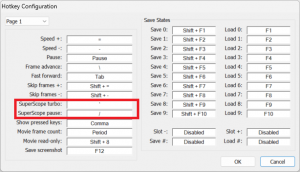 Snes9x Hotkeys Menu with SuperScope turbo: and SuperScope pause: highlighted
