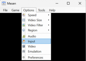 Mesen Input menu highlighted expanded from Options
