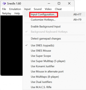 Snes9x main window with Input menu selected and 'Input Configuration...' highlighted
