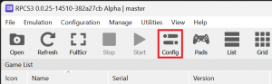 Screenshot of RPCS3 main window with Config button highlighted