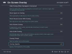 On-screen overlay menu with Overlay Opacity set to 1.00