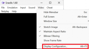 Snes9x Input menu with Video selected and Display Configuration highlighted