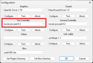 PCSXR First Controller set to 'nuvee psx pad 0.2'