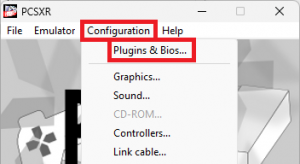 PCSXR Main window with Configuration expanded and Plugins & Bios... highlighted