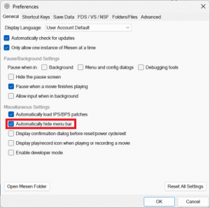 Mesen Preferences window with 'automatically hide menu bar' ticked and highlighted