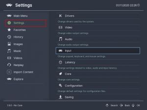 Settings menu with Input highlighted