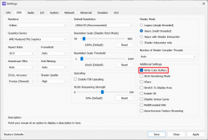 RPCS3 Config menu on GPU tab, "Write Color Buffers" option is enabled