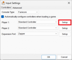 Mesen Input Settings with settings as described and Player 1 Config button highlighted