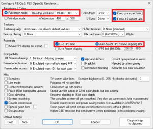 PCSXR Graphics config window with recommended settings highlighted